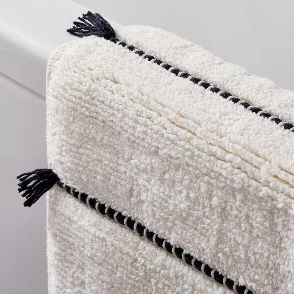 Organic Tassel Stripe Bath Mat Stone White West Elm UK